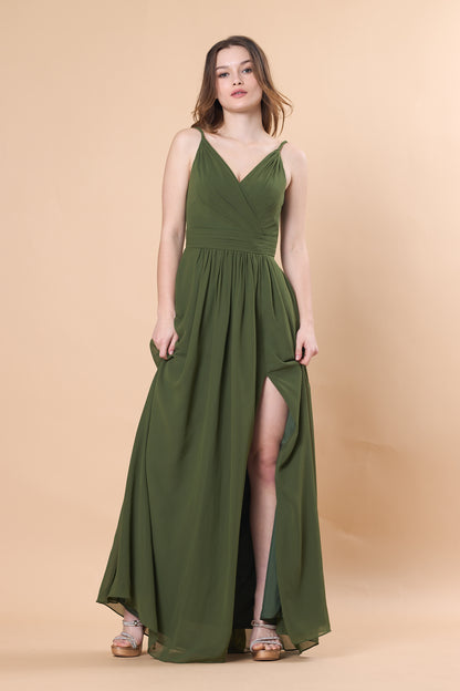 Olive Green Spaghetti Strap V-Neck High Slit Chiffon Floor-Length Bridesmaid Dress | US Sizes | Ship in 72 Hours