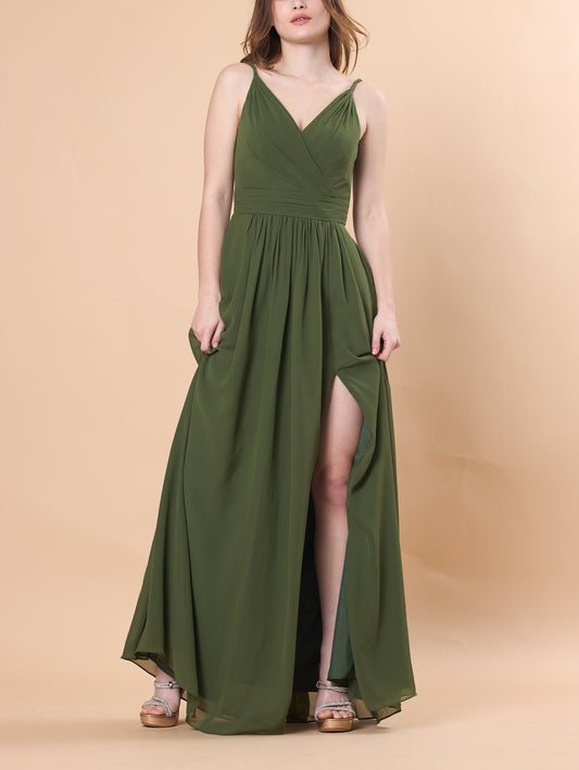 Olive Green Spaghetti Strap V-Neck High Slit Chiffon Floor-Length Bridesmaid Dress | US Sizes | Ship in 72 Hours