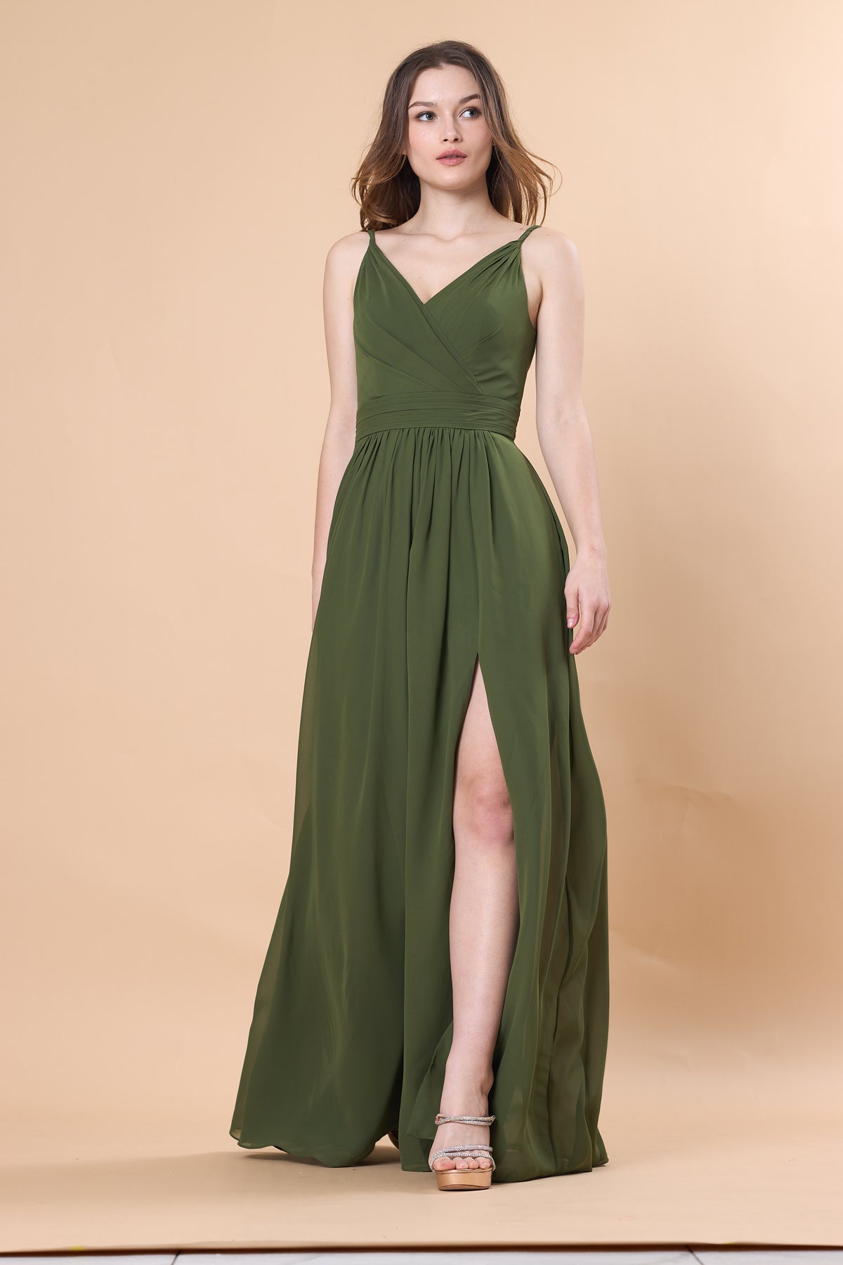Olive Green Spaghetti Strap V-Neck High Slit Chiffon Floor-Length Bridesmaid Dress | US Sizes | Ship in 72 Hours