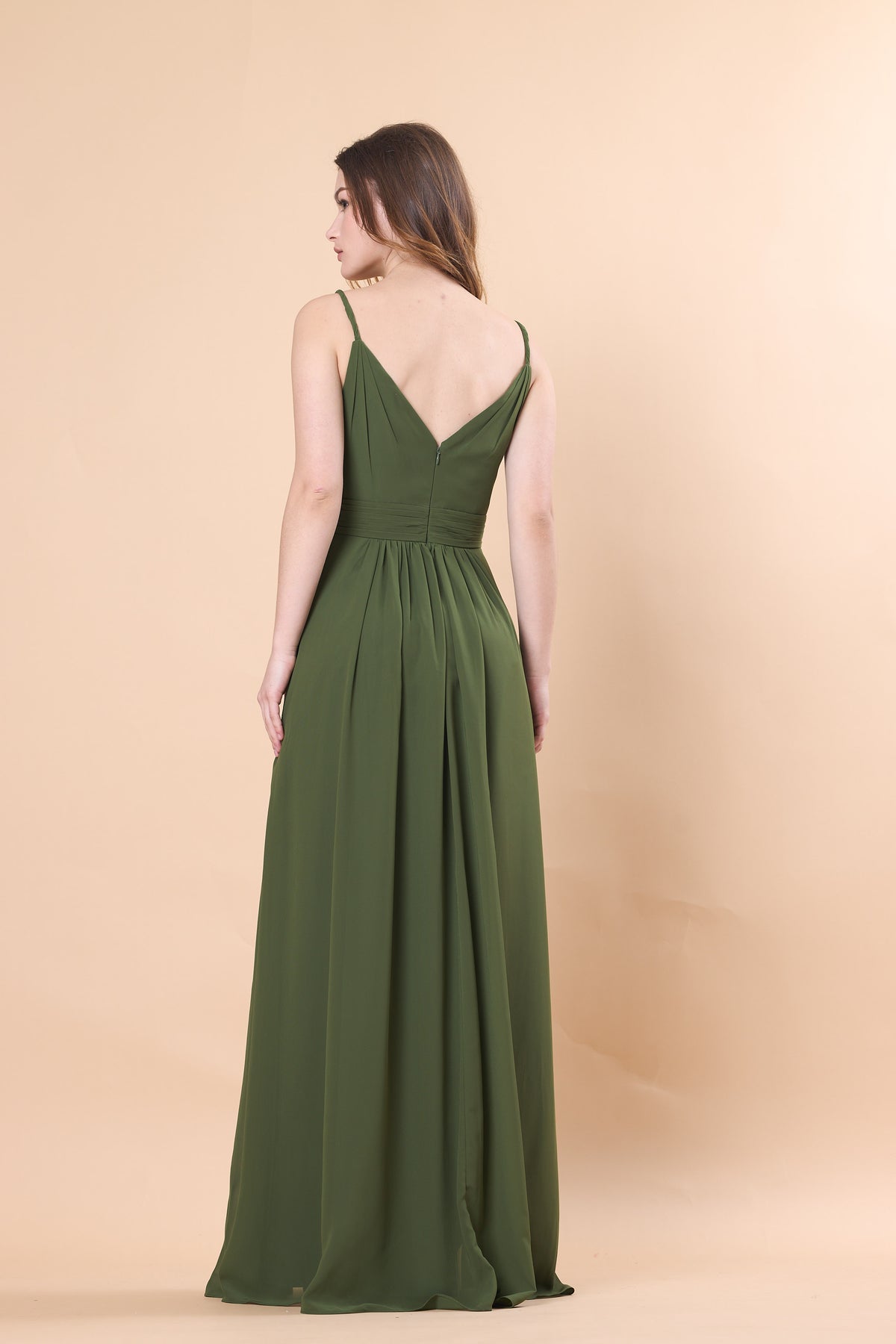 Olive Green Spaghetti Strap V-Neck High Slit Chiffon Floor-Length Bridesmaid Dress | US Sizes | Ship in 72 Hours