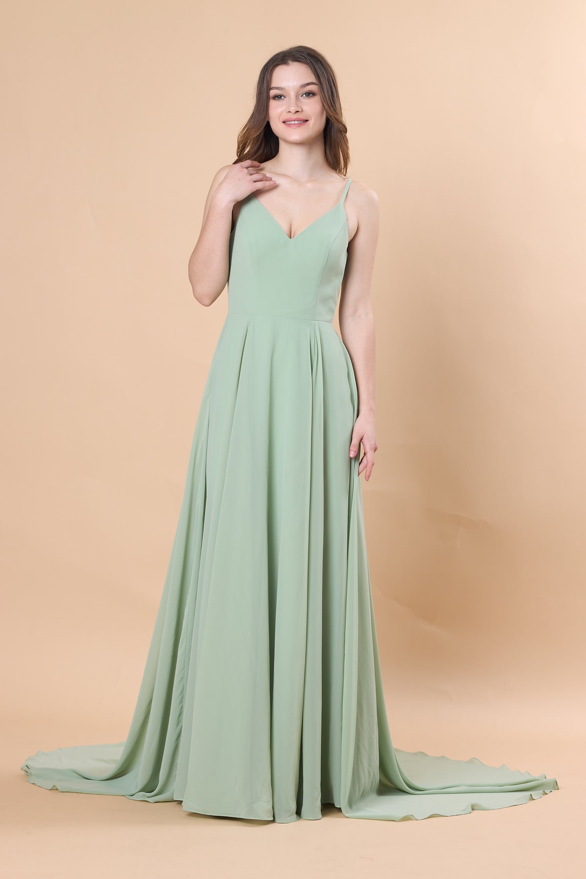 Sage Green Spaghetti Strap V-Neck Chiffon Floor-Length Bridesmaid Dress With Train | US Sizes | Ship in 72 Hours