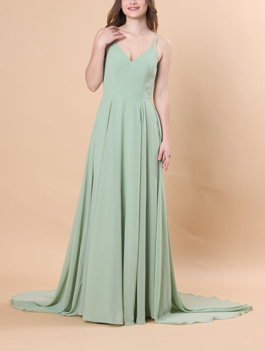 Sage Green Spaghetti Strap V-Neck Chiffon Floor-Length Bridesmaid Dress With Train | US Sizes | Ship in 72 Hours