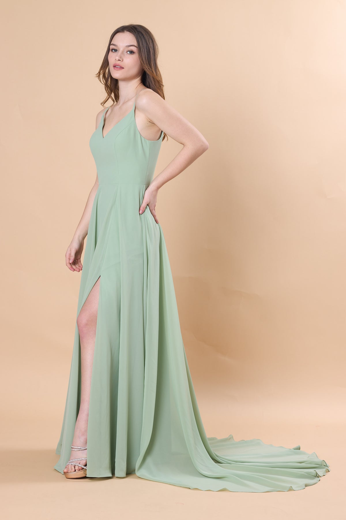 Sage Green Spaghetti Strap V-Neck Chiffon Floor-Length Bridesmaid Dress With Train | US Sizes | Ship in 72 Hours