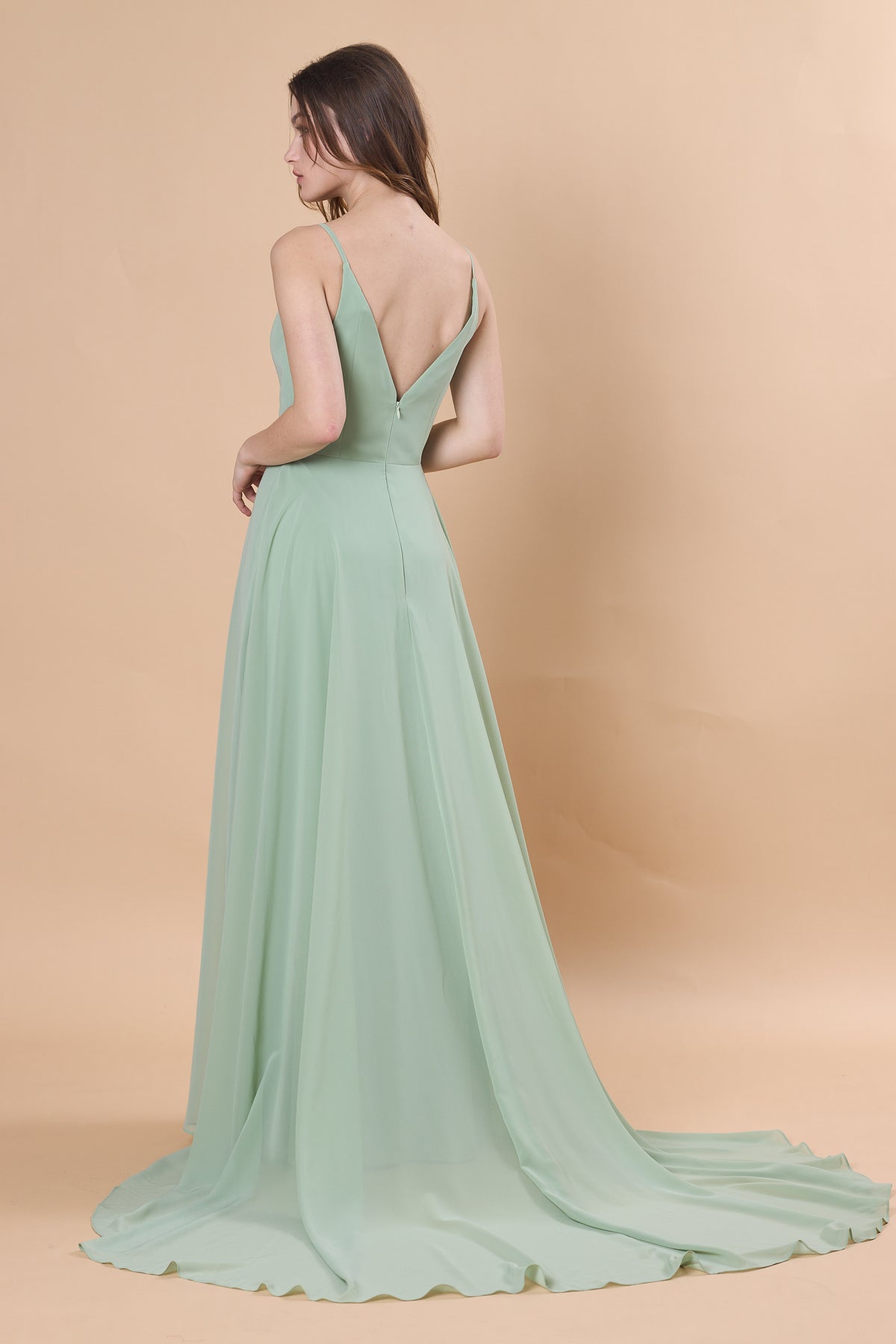 Sage Green Spaghetti Strap V-Neck Chiffon Floor-Length Bridesmaid Dress With Train | US Sizes | Ship in 72 Hours