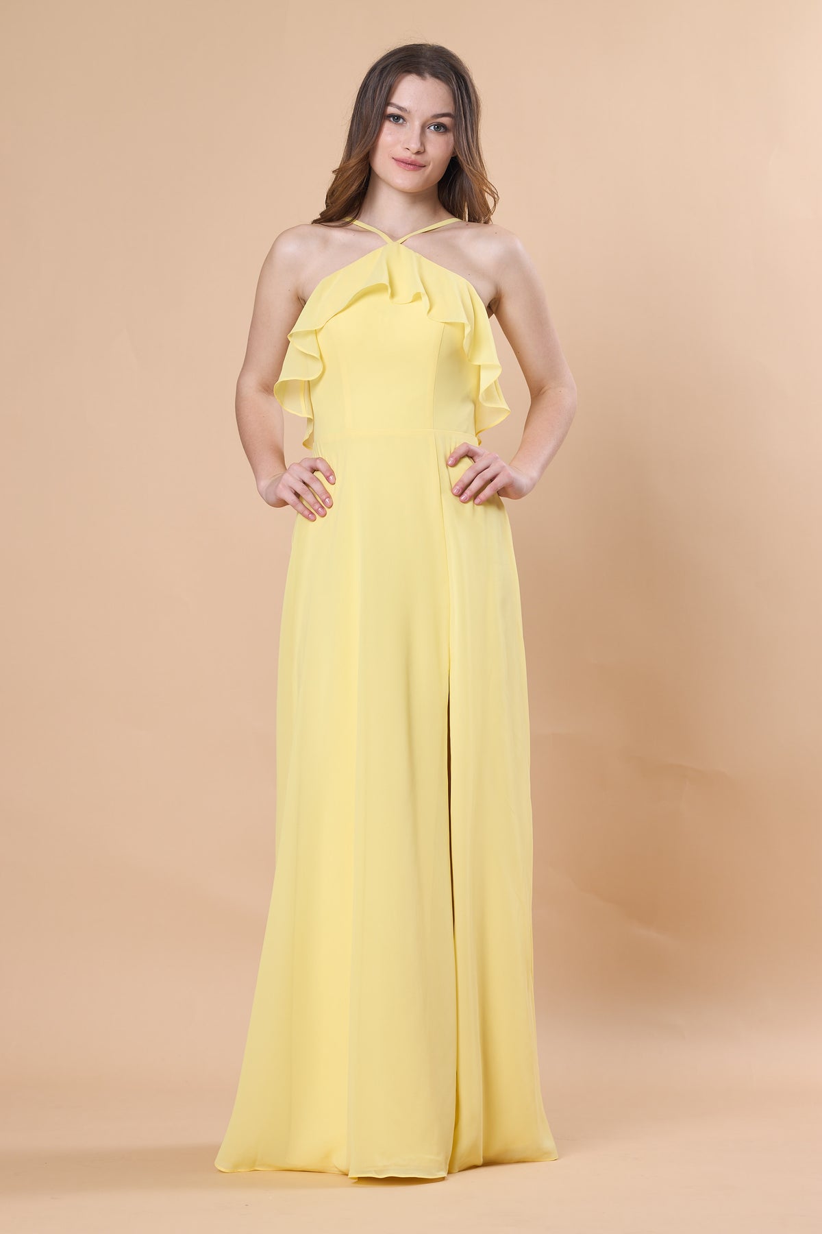 Yellow Halter Ruffle Chiffon Floor-Length Bridesmaid Dress With Side Slit | US Sizes | Ship in 72 Hours