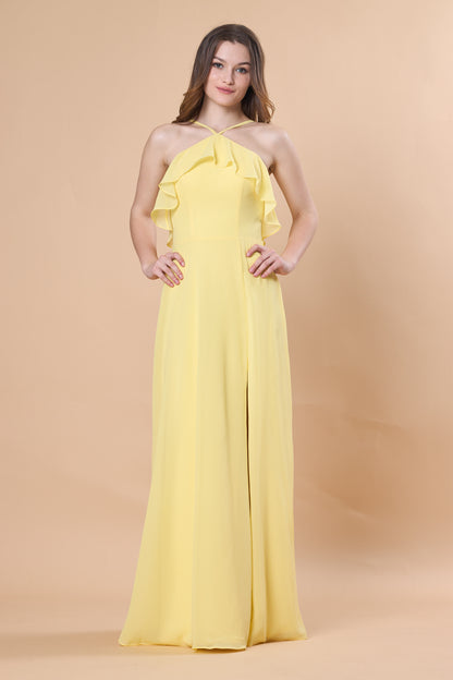 Yellow Halter Ruffle Chiffon Floor-Length Bridesmaid Dress With Side Slit | US Sizes | Ship in 72 Hours