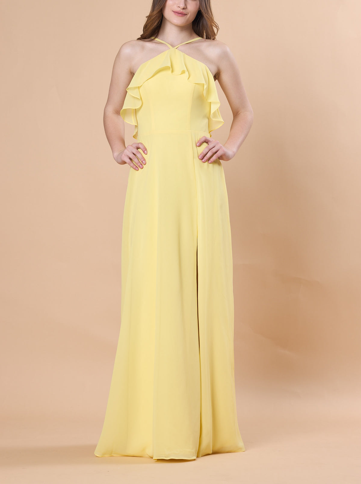Yellow Halter Ruffle Chiffon Floor-Length Bridesmaid Dress With Side Slit | US Sizes | Ship in 72 Hours