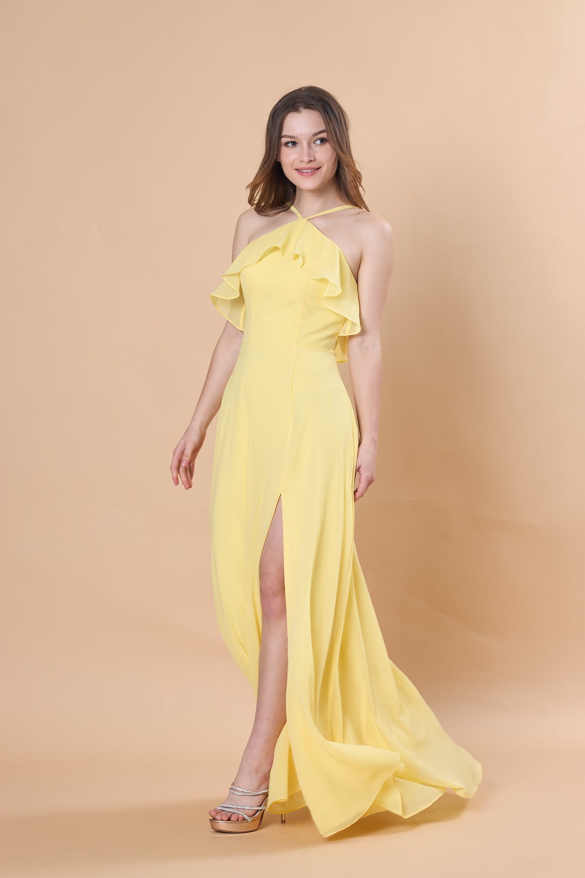 Yellow Halter Ruffle Chiffon Floor-Length Bridesmaid Dress With Side Slit | US Sizes | Ship in 72 Hours