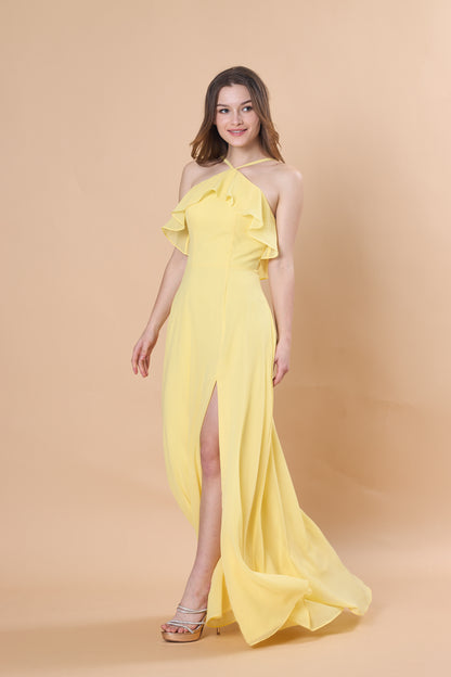 Yellow Halter Ruffle Chiffon Floor-Length Bridesmaid Dress With Side Slit | US Sizes | Ship in 72 Hours