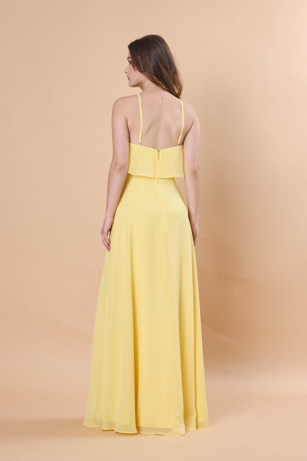 Yellow Halter Ruffle Chiffon Floor-Length Bridesmaid Dress With Side Slit | US Sizes | Ship in 72 Hours