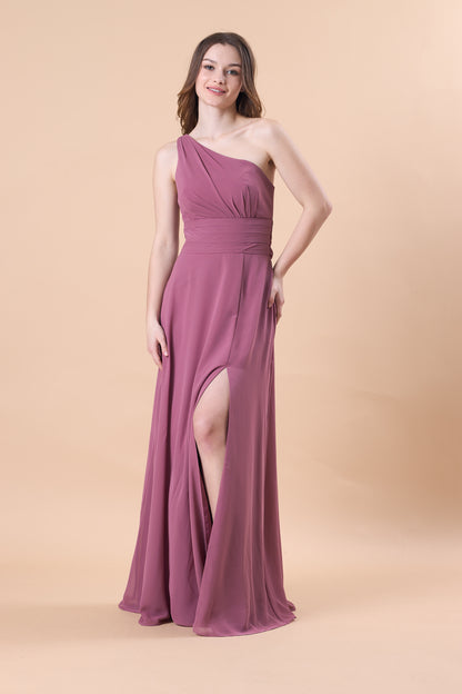 Mauve One Shoulder Ruched Chiffon Floor-Length Bridesmaid Dress With Side Slit | US Sizes | Ship in 72 Hours