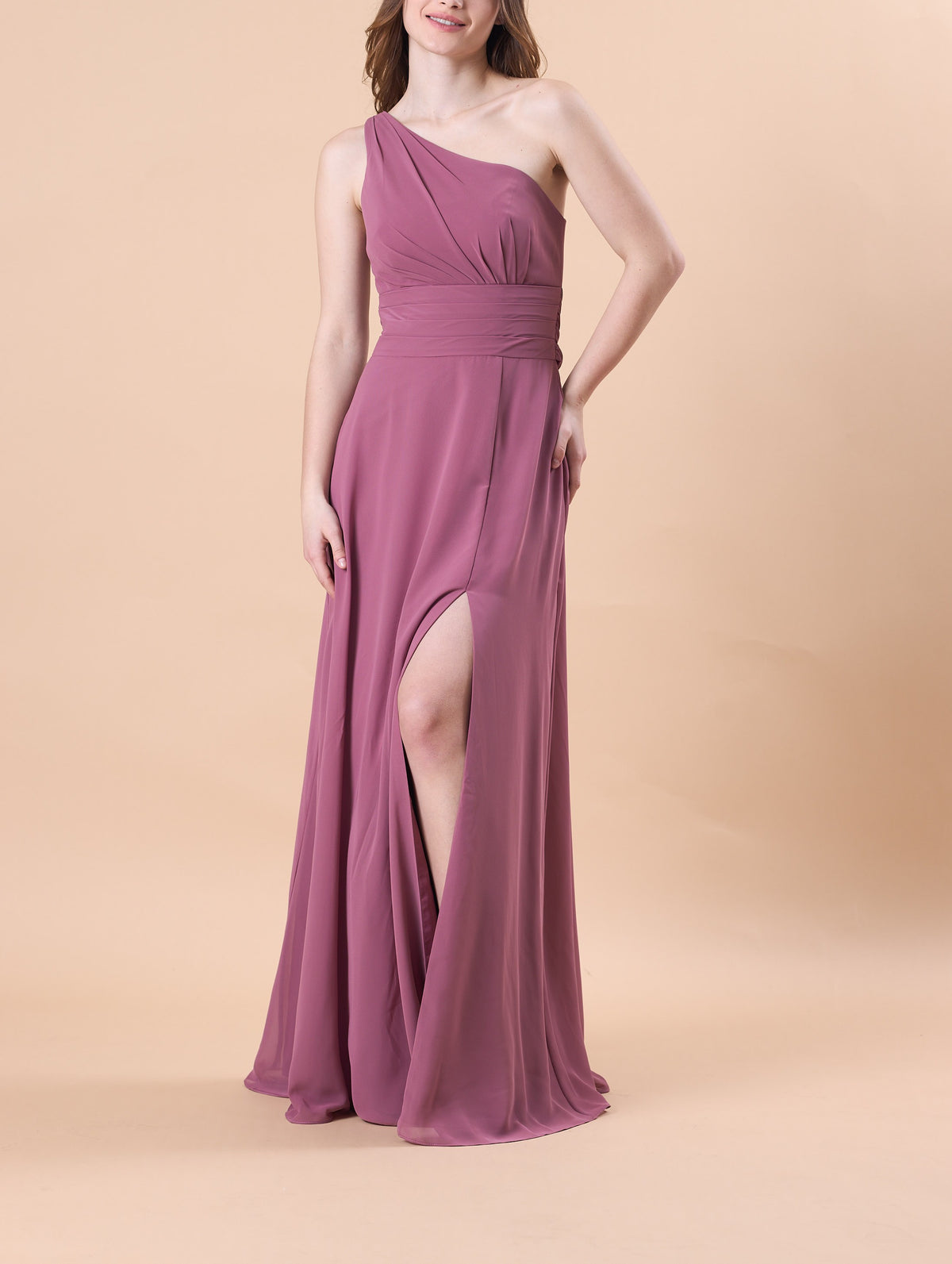 Mauve One Shoulder Ruched Chiffon Floor-Length Bridesmaid Dress With Side Slit | US Sizes | Ship in 72 Hours