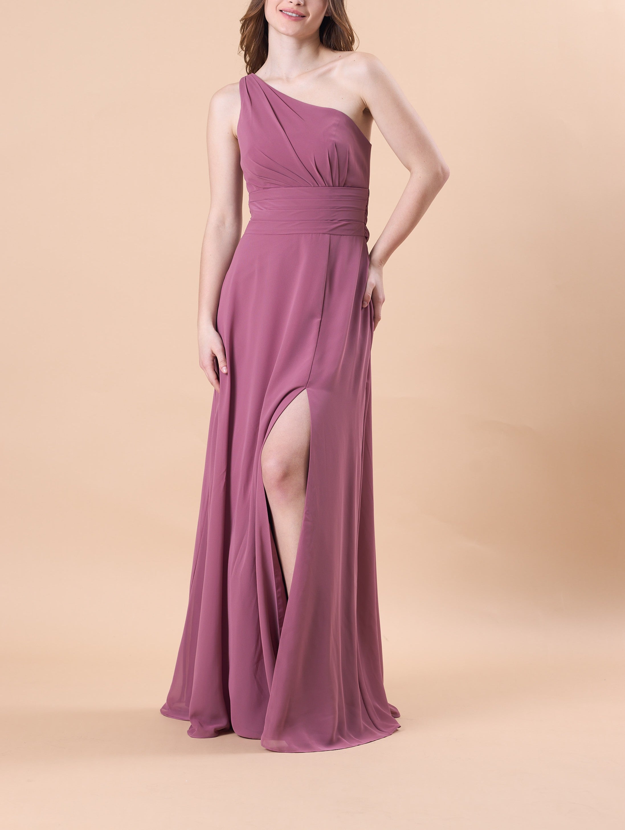 Mauve One Shoulder Ruched Chiffon Floor-Length Bridesmaid Dress With Side Slit | US Sizes | Ship in 72 Hours