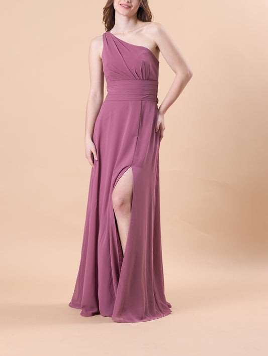 Mauve One Shoulder Ruched Chiffon Floor-Length Bridesmaid Dress With Side Slit | US Sizes | Ship in 72 Hours
