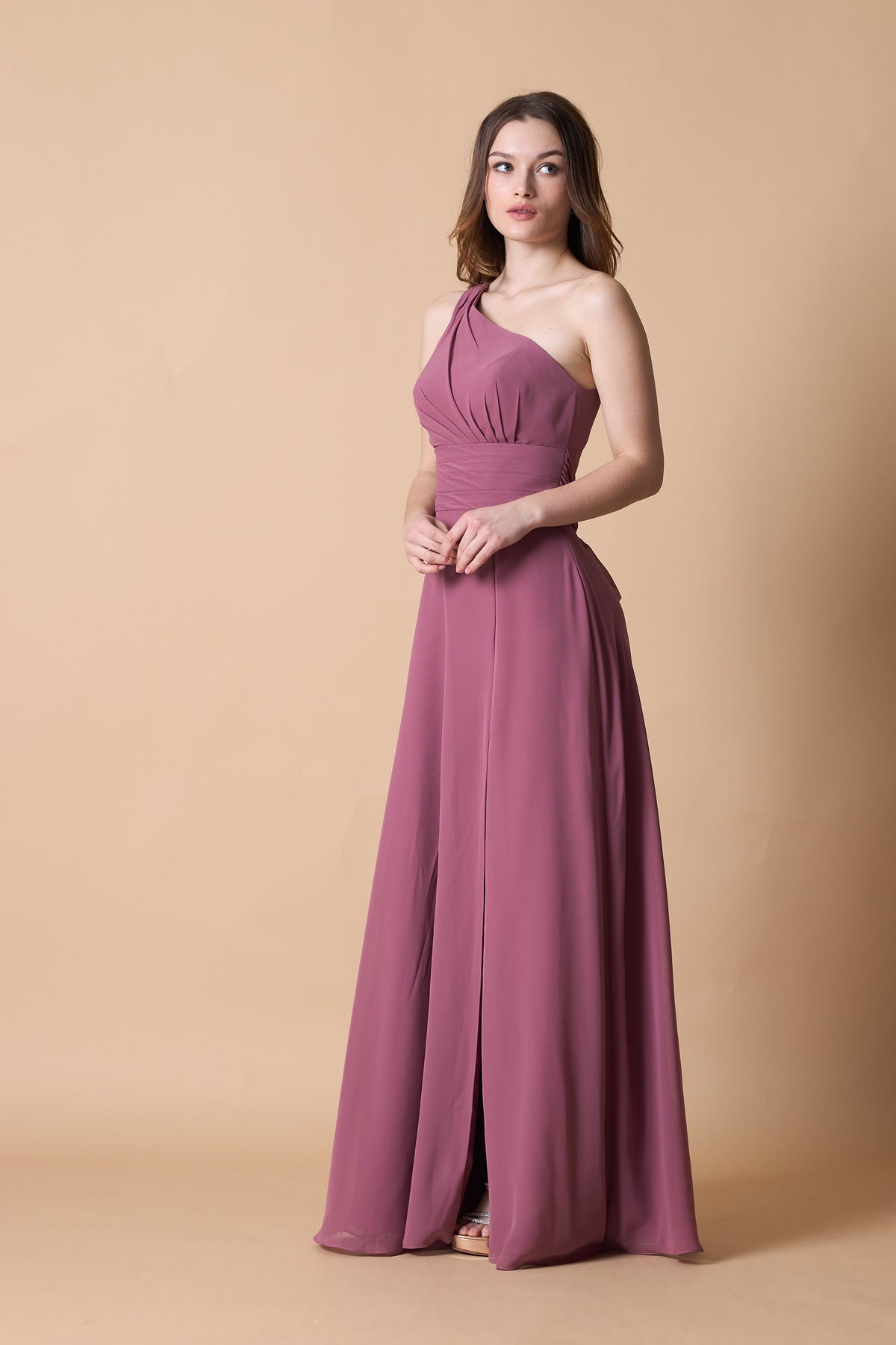 Mauve Halter Neck Blouson Chiffon Floor-Length Bridesmaid Dress | US Sizes | Ship in 72 Hours