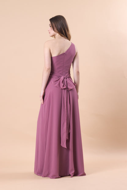 Mauve One Shoulder Ruched Chiffon Floor-Length Bridesmaid Dress With Side Slit | US Sizes | Ship in 72 Hours