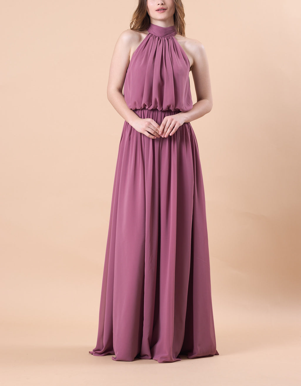 Mauve Halter Neck Blouson Chiffon Floor-Length Bridesmaid Dress | US Sizes | Ship in 72 Hours