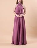 Mauve Halter Neck Blouson Chiffon Floor-Length Bridesmaid Dress | US Sizes | Ship in 72 Hours