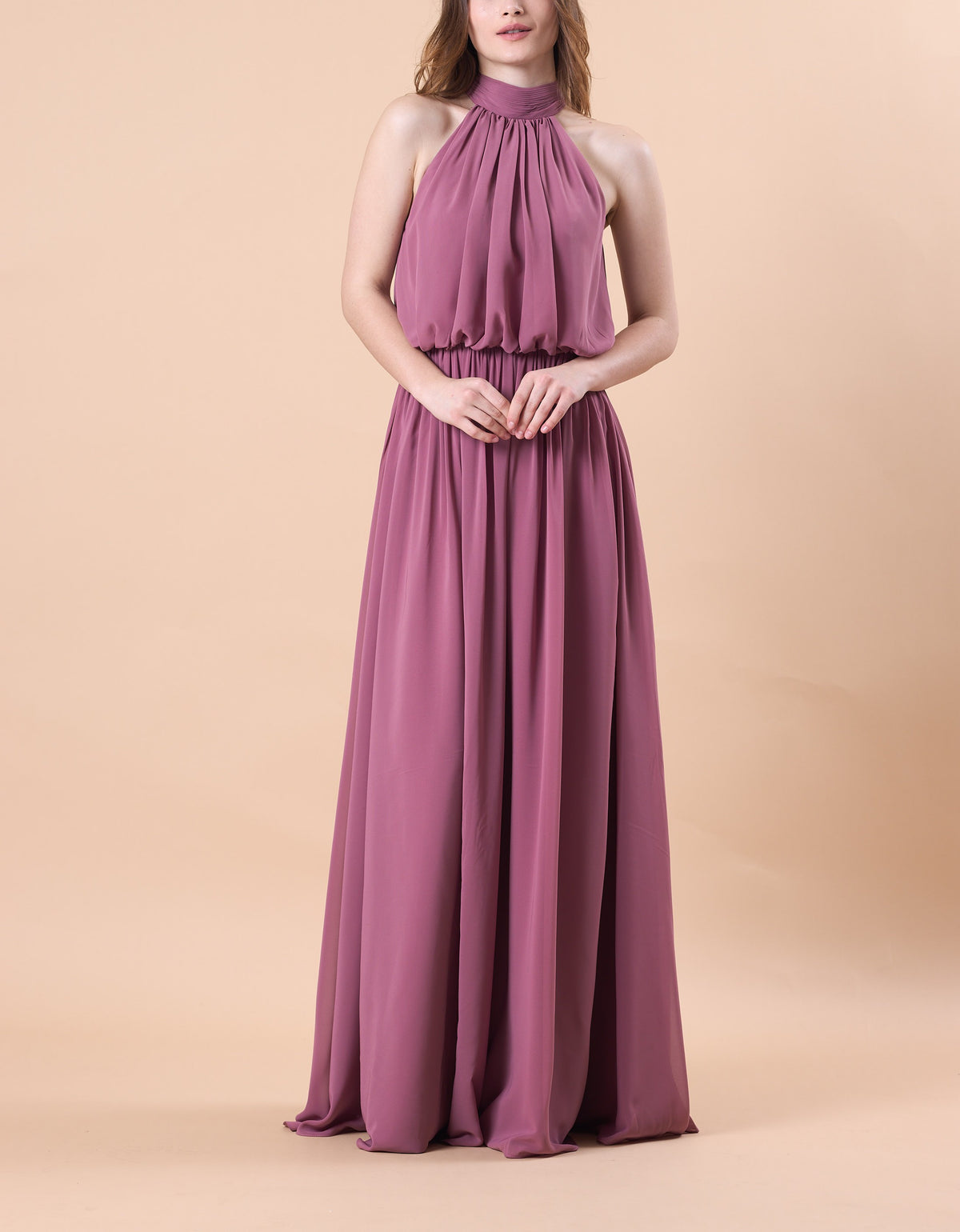 Mauve Halter Neck Blouson Chiffon Floor-Length Bridesmaid Dress | US Sizes | Ship in 72 Hours