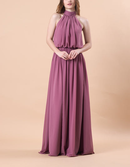 Mauve Halter Neck Blouson Chiffon Floor-Length Bridesmaid Dress | US Sizes | Ship in 72 Hours
