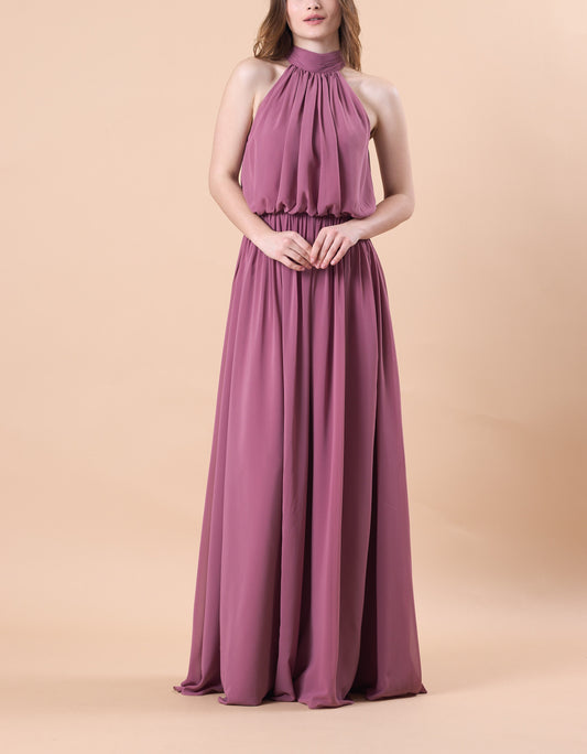 Mauve Halter Neck Blouson Chiffon Floor-Length Bridesmaid Dress | US Sizes | Ship in 72 Hours
