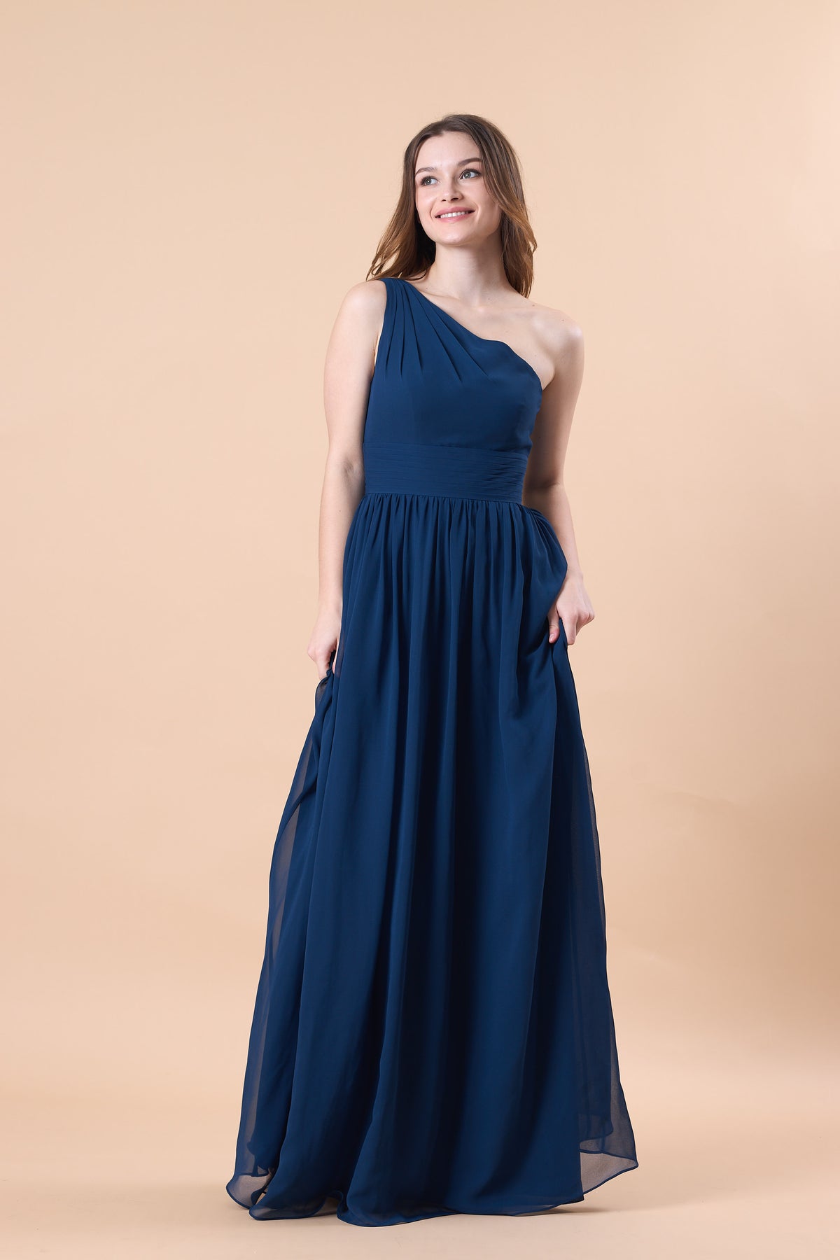 Navy Blue One Shoulder Ruched Chiffon Floor-Length Bridesmaid Dress | US Sizes | Ship in 72 Hours