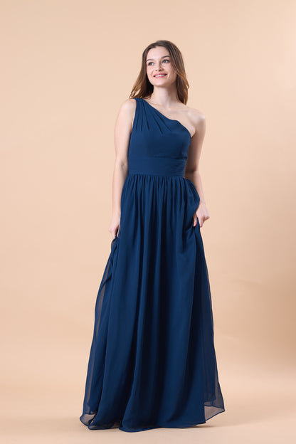 Navy Blue One Shoulder Ruched Chiffon Floor-Length Bridesmaid Dress | US Sizes | Ship in 72 Hours