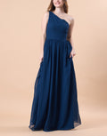 Navy Blue One Shoulder Ruched Chiffon Floor-Length Bridesmaid Dress | US Sizes | Ship in 72 Hours