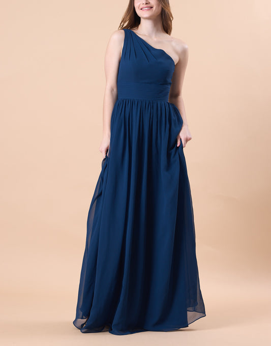 Navy Blue One Shoulder Ruched Chiffon Floor-Length Bridesmaid Dress | US Sizes | Ship in 72 Hours