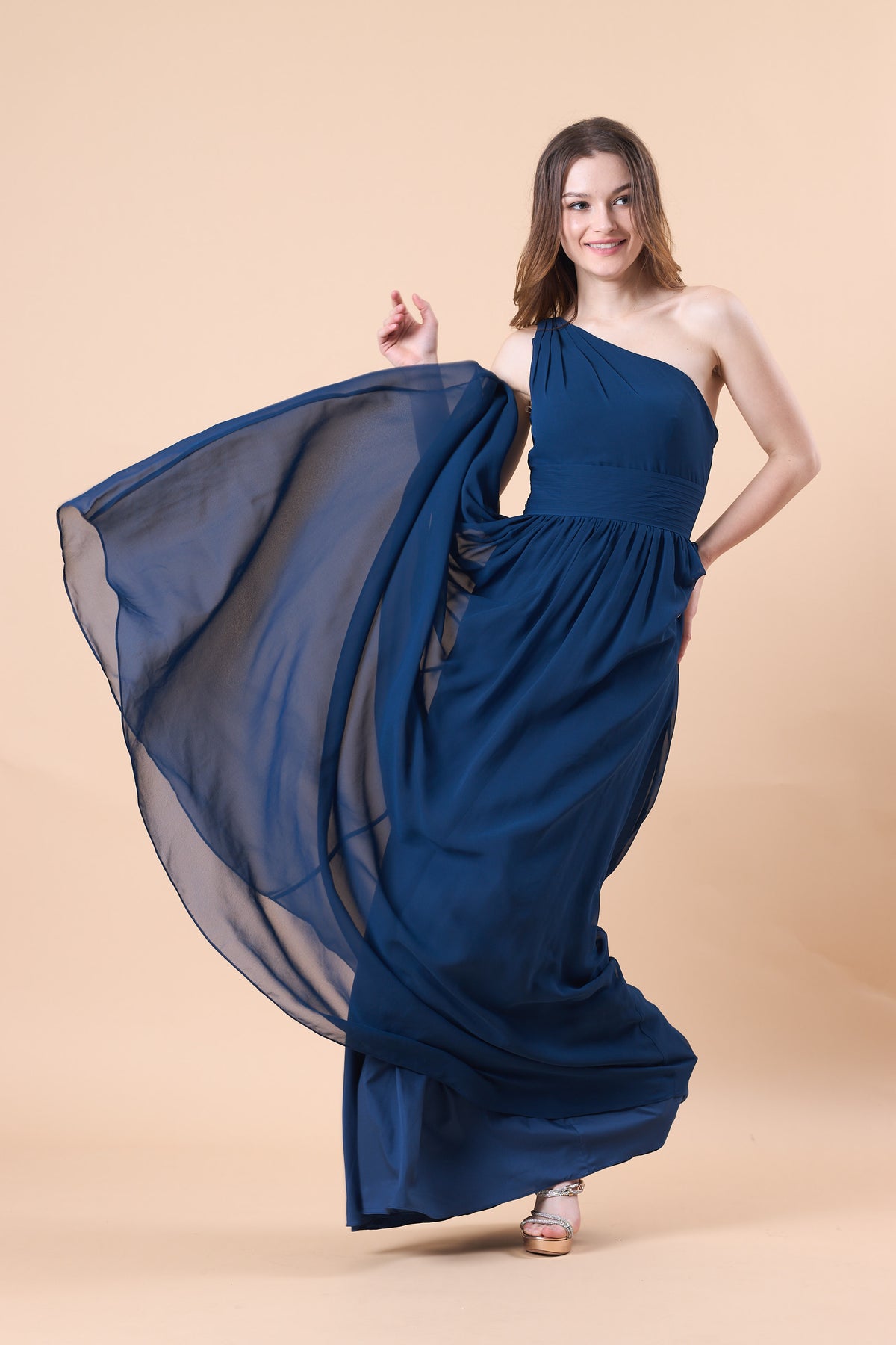 Navy Blue One Shoulder Ruched Chiffon Floor-Length Bridesmaid Dress | US Sizes | Ship in 72 Hours