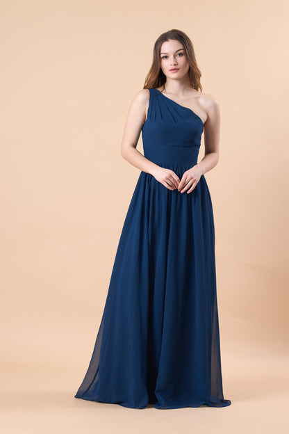 Navy Blue One Shoulder Ruched Chiffon Floor-Length Bridesmaid Dress | US Sizes | Ship in 72 Hours