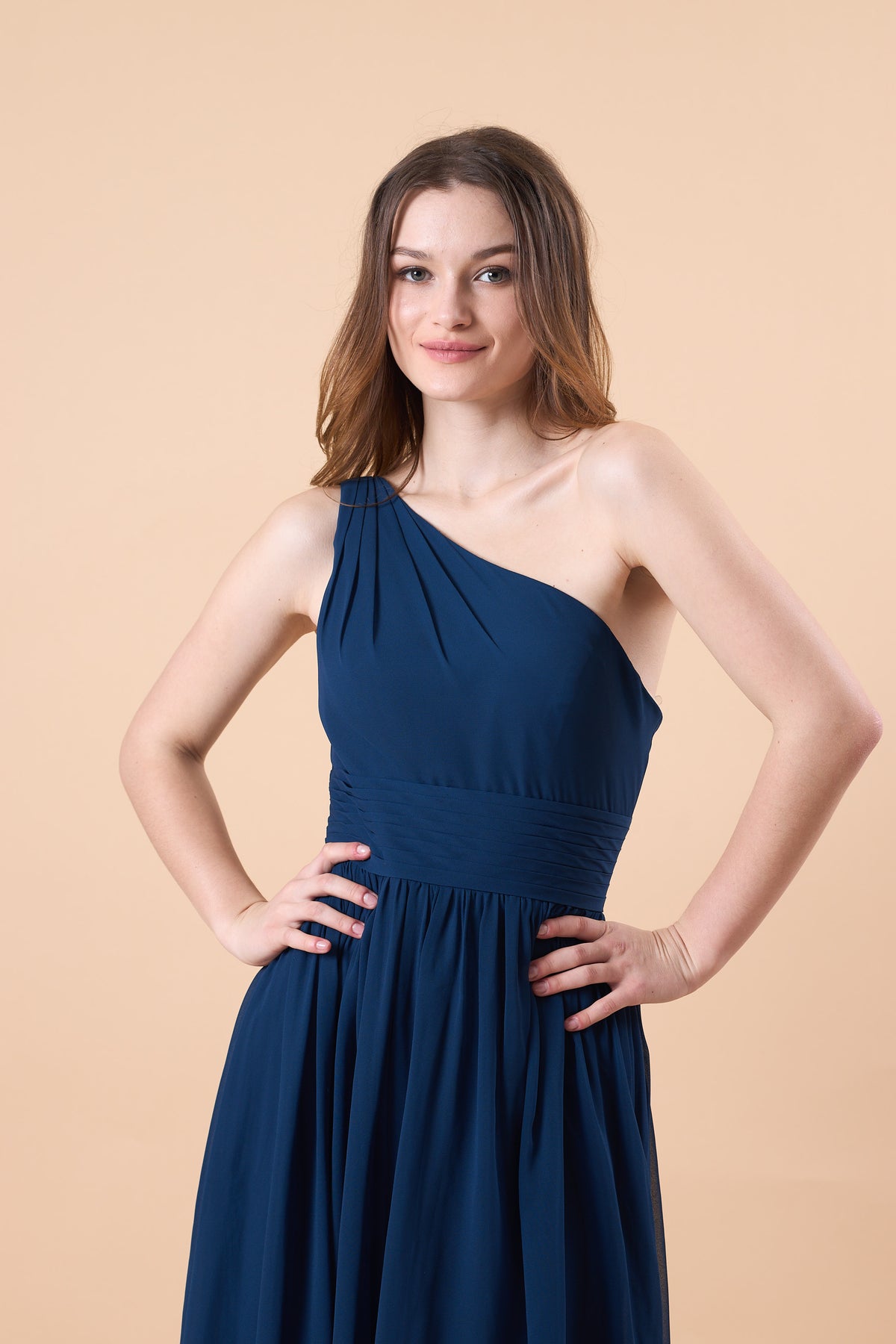 Navy Blue One Shoulder Ruched Chiffon Floor-Length Bridesmaid Dress | US Sizes | Ship in 72 Hours