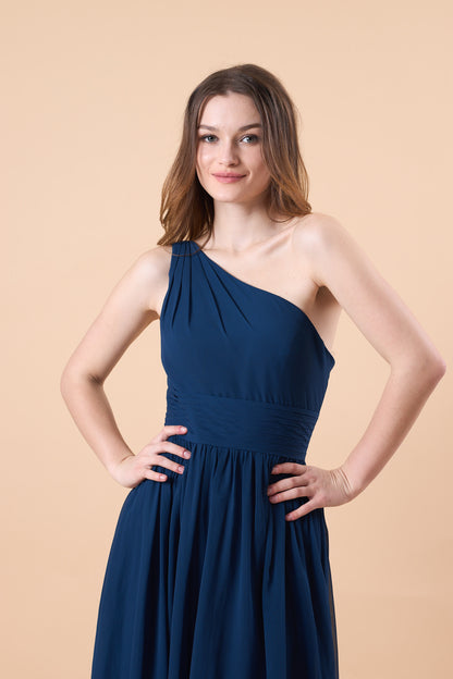 Navy Blue One Shoulder Ruched Chiffon Floor-Length Bridesmaid Dress | US Sizes | Ship in 72 Hours
