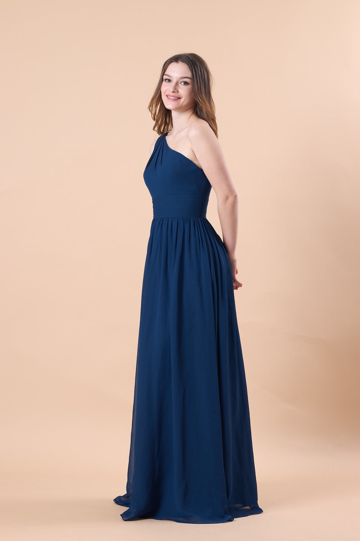 Navy Blue One Shoulder Ruched Chiffon Floor-Length Bridesmaid Dress | US Sizes | Ship in 72 Hours