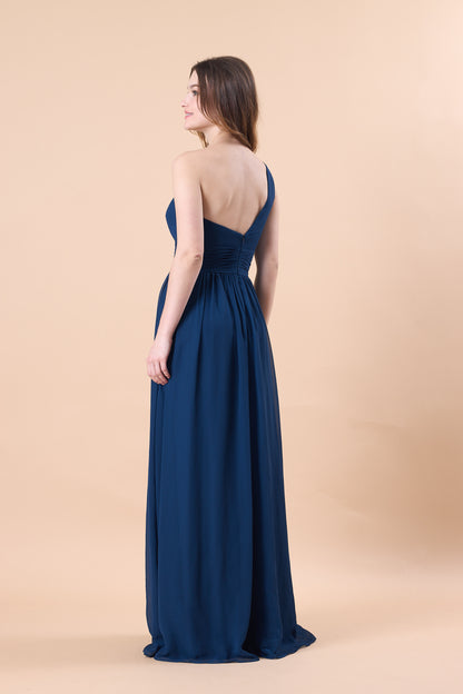 Navy Blue One Shoulder Ruched Chiffon Floor-Length Bridesmaid Dress | US Sizes | Ship in 72 Hours
