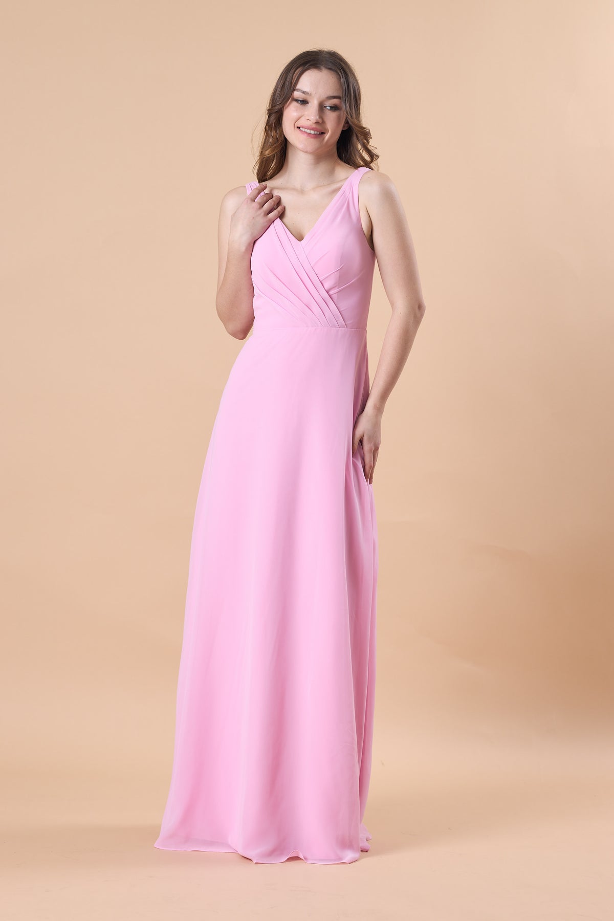 Light Pink Sleeveless V Neck Wrap Chiffon Floor-Length Bridesmaid Dress | US Sizes | Ship in 72 Hours