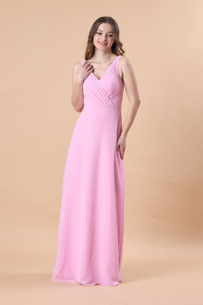 Light Pink Sleeveless V Neck Wrap Chiffon Floor-Length Bridesmaid Dress | US Sizes | Ship in 72 Hours