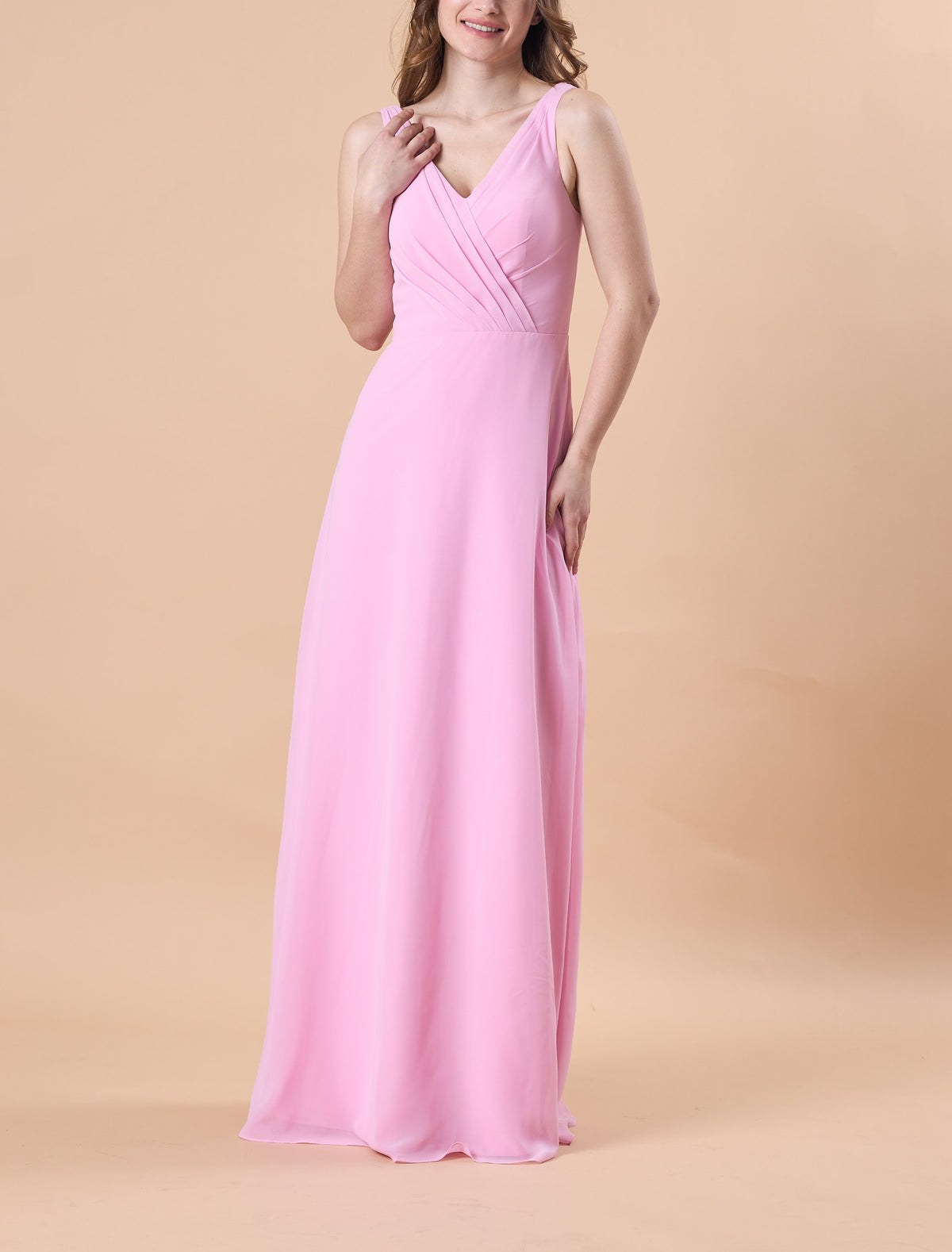 Light Pink Sleeveless V Neck Wrap Chiffon Floor-Length Bridesmaid Dress | US Sizes | Ship in 72 Hours