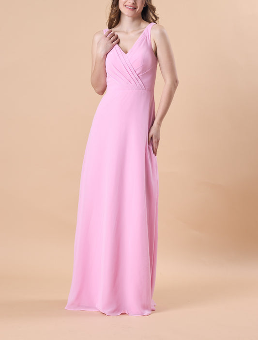 Light Pink Sleeveless V Neck Wrap Chiffon Floor-Length Bridesmaid Dress | US Sizes | Ship in 72 Hours