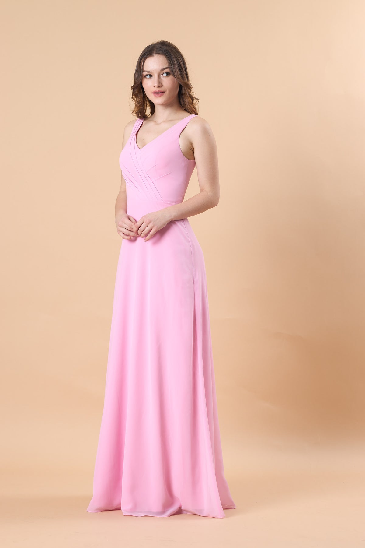 Light Pink Sleeveless V Neck Wrap Chiffon Floor-Length Bridesmaid Dress | US Sizes | Ship in 72 Hours