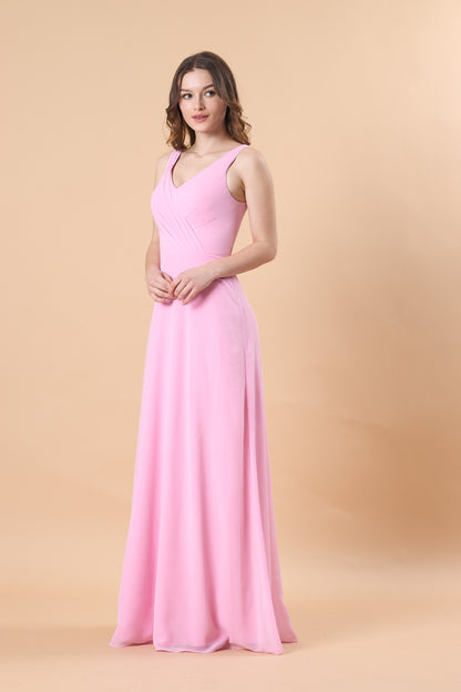 Light Pink Sleeveless V Neck Wrap Chiffon Floor-Length Bridesmaid Dress | US Sizes | Ship in 72 Hours