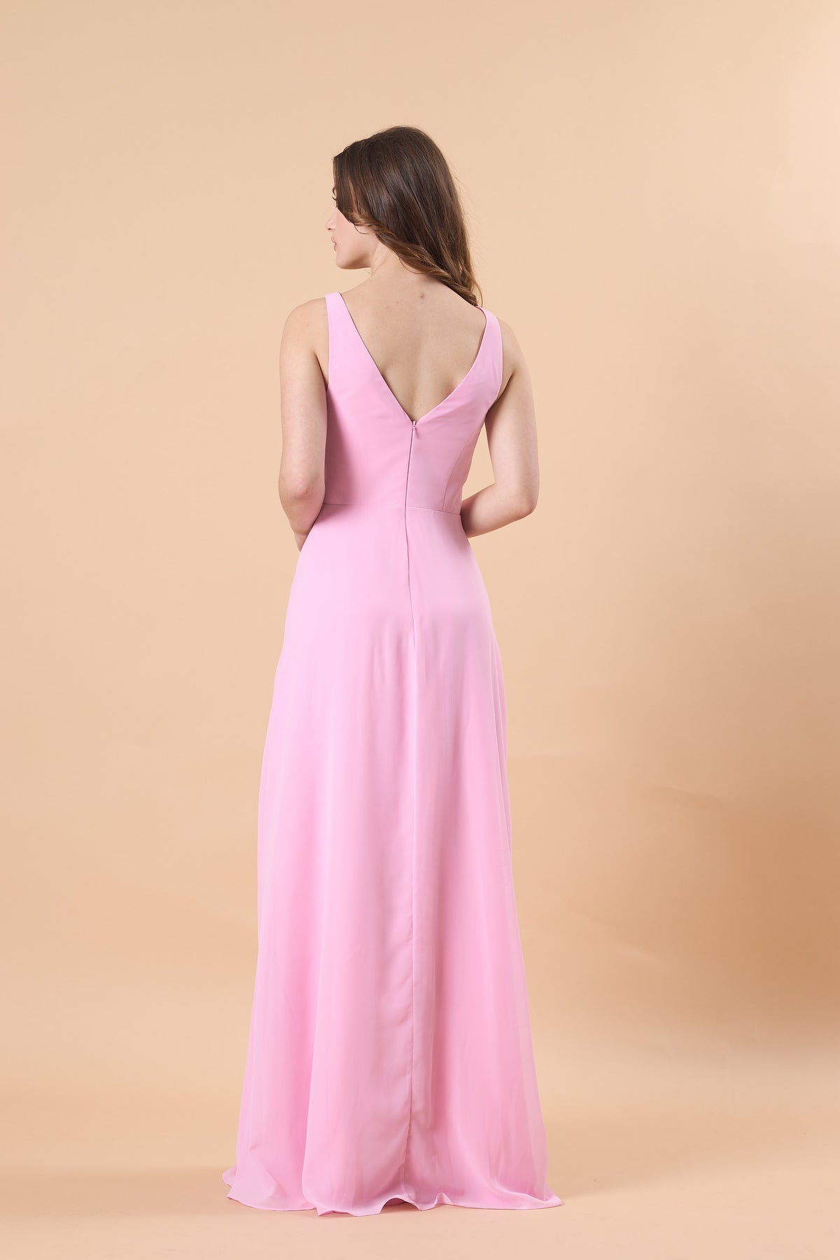 Light Pink Sleeveless V Neck Wrap Chiffon Floor-Length Bridesmaid Dress | US Sizes | Ship in 72 Hours