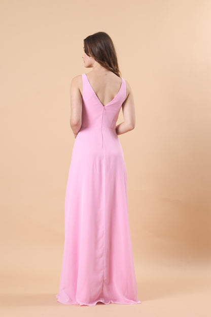 Light Pink Sleeveless V Neck Wrap Chiffon Floor-Length Bridesmaid Dress | US Sizes | Ship in 72 Hours