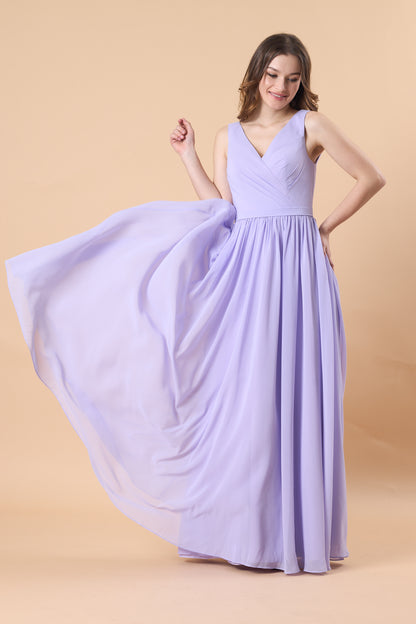 Lavender Sleeveless V Neck Wrap Chiffon Floor-Length Bridesmaid Dress | US Sizes | Ship in 72 Hours
