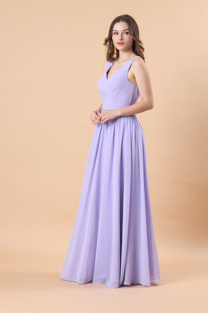 Lavender Sleeveless V Neck Wrap Chiffon Floor-Length Bridesmaid Dress | US Sizes | Ship in 72 Hours