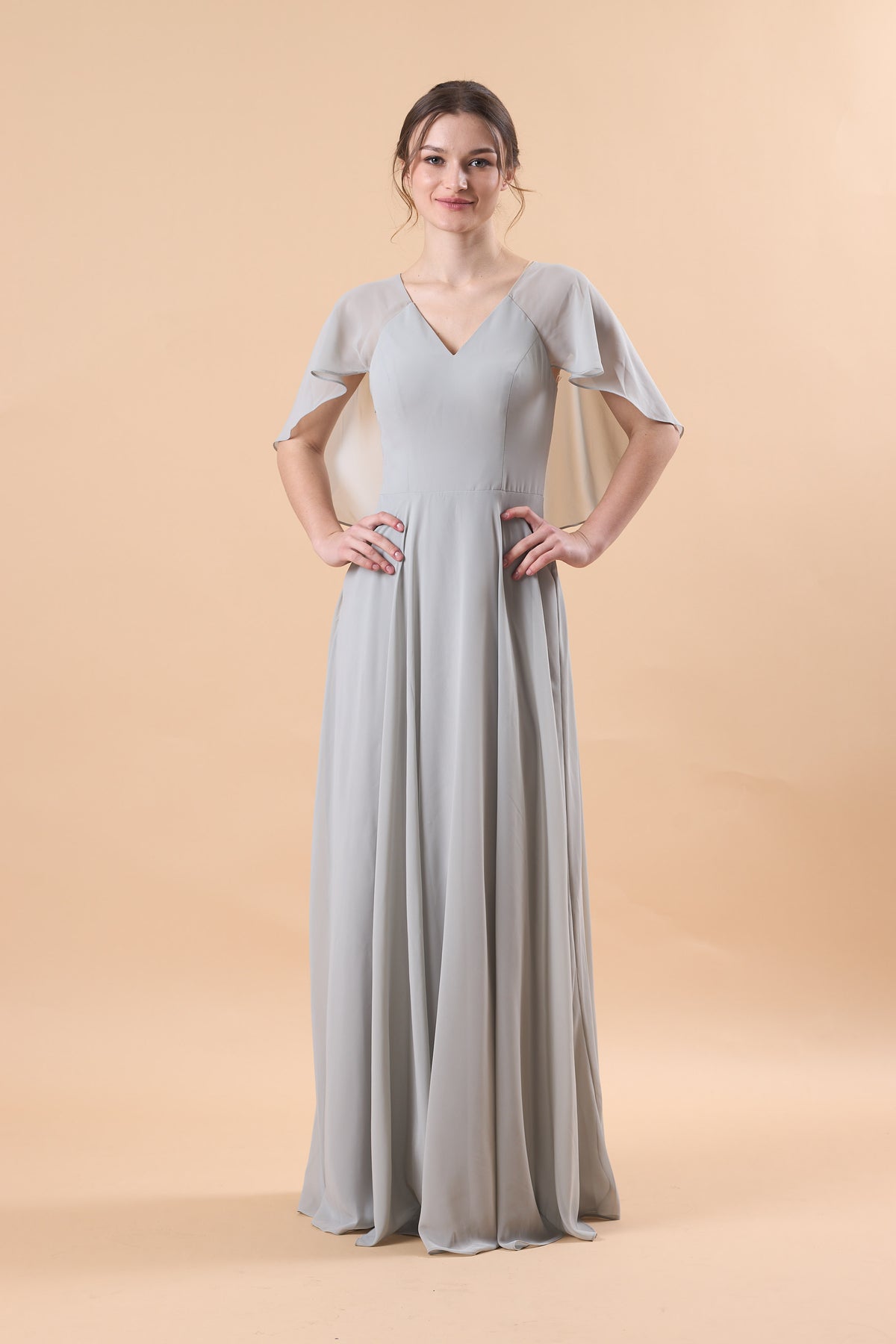 Light Grey V Neck Flutter Sleeve Chiffon Floor-Length Bridesmaid Dress | US Sizes | Ship in 72 Hours