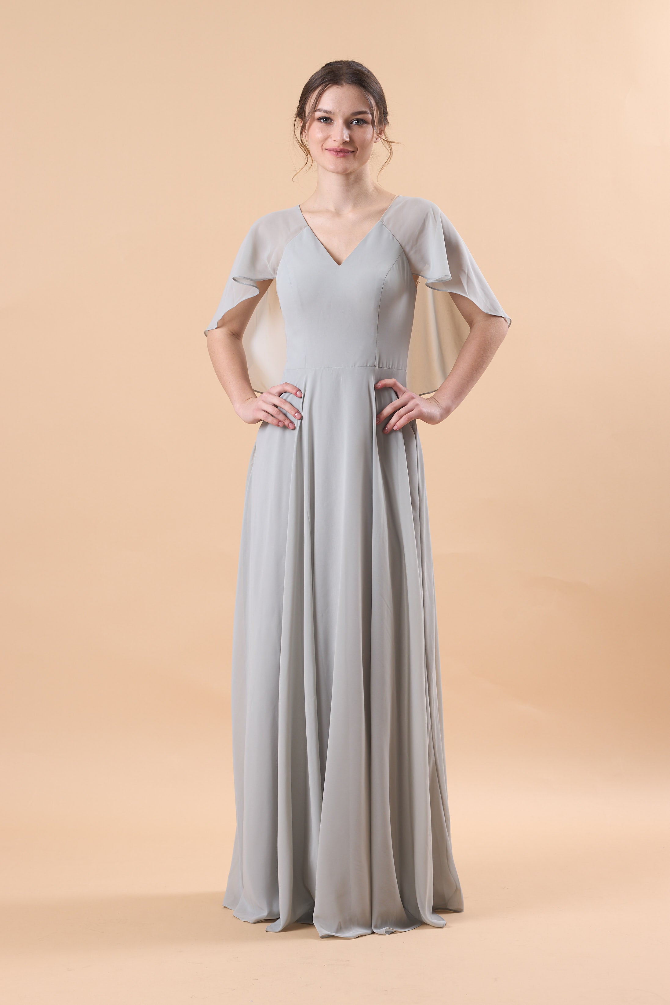 Light Grey V Neck Flutter Sleeve Chiffon Floor-Length Bridesmaid Dress | US Sizes | Ship in 72 Hours