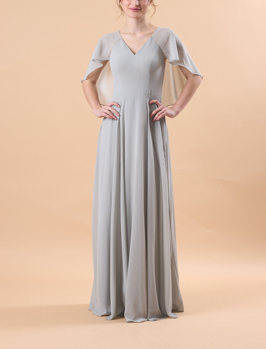 Light Grey V Neck Flutter Sleeve Chiffon Floor-Length Bridesmaid Dress | US Sizes | Ship in 72 Hours