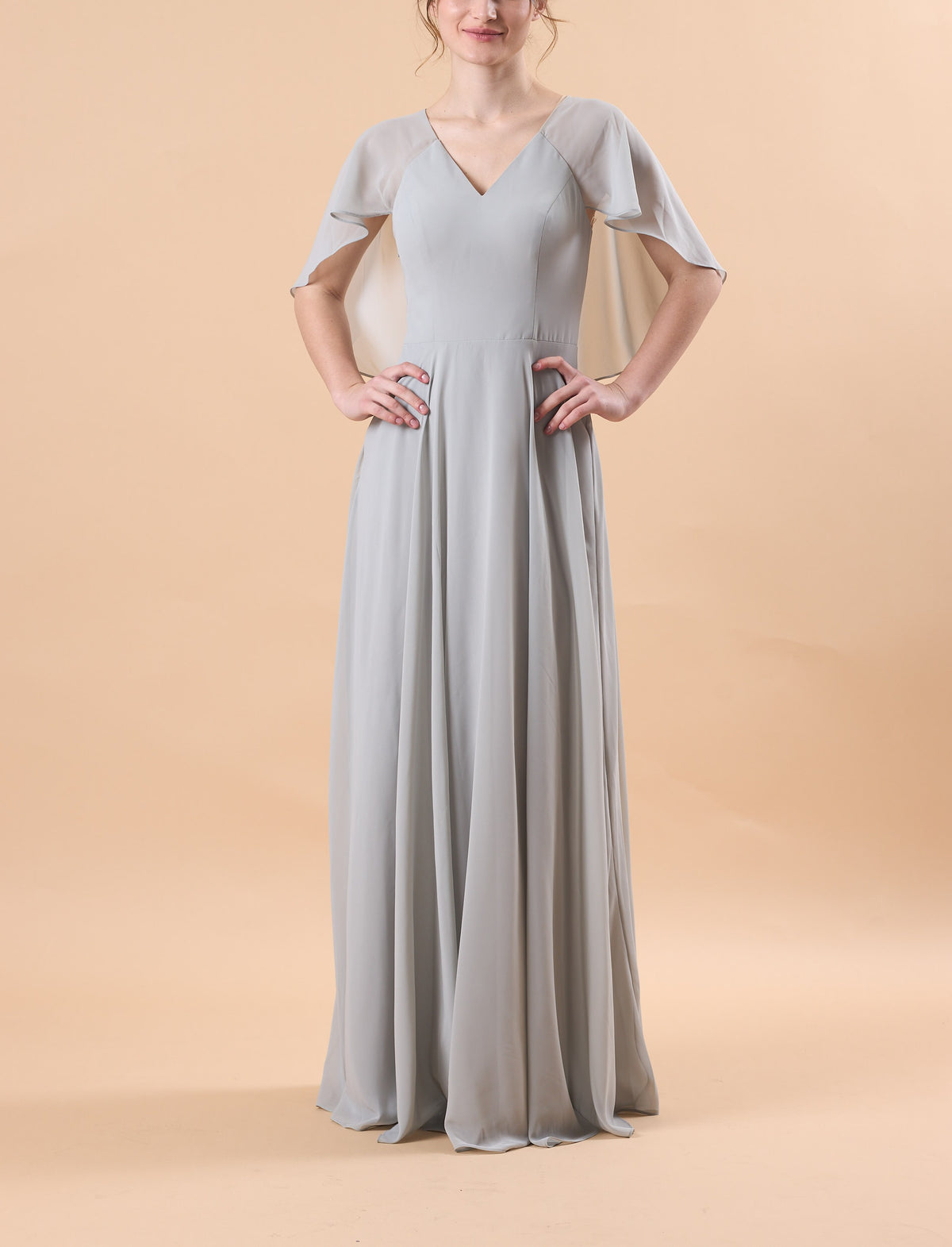 Light Grey V Neck Flutter Sleeve Chiffon Floor-Length Bridesmaid Dress | US Sizes | Ship in 72 Hours