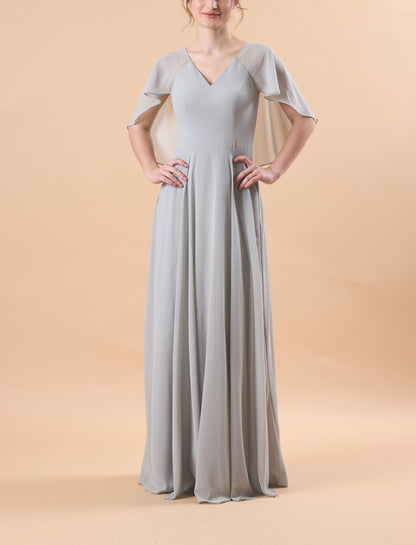 Light Grey V Neck Flutter Sleeve Chiffon Floor-Length Bridesmaid Dress | US Sizes | Ship in 72 Hours